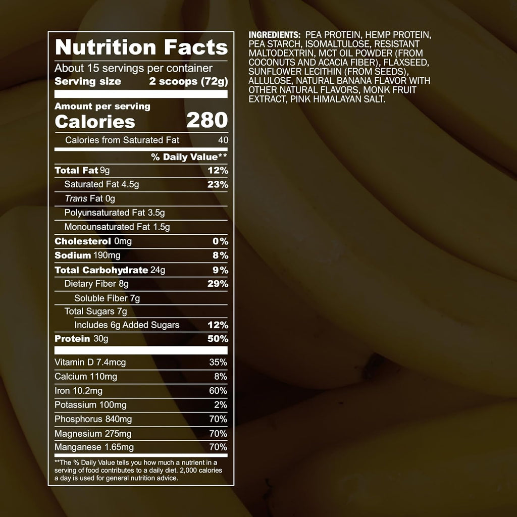 Blueprint by Bryan Johnson Vegan Protein Meal Replacement – Plant Based Hemp Protein with 27g Protein Per Serving – Low Calorie, Flavored Protein for Women & Men – Dairy Free – 15 Servings - Banana