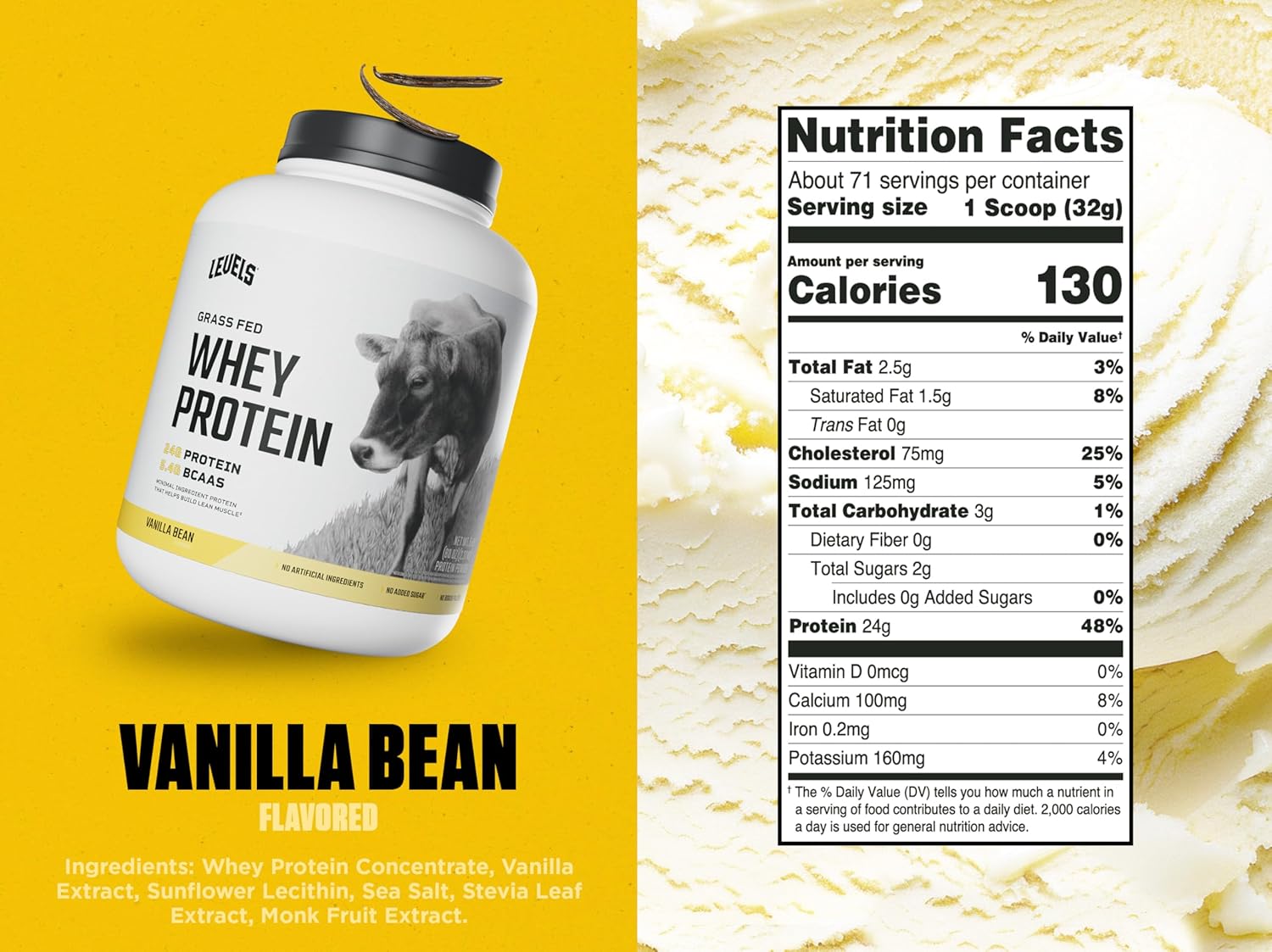 Levels Grass Fed Whey Protein Powder, No Artificials, 24G of Protein, Vanilla Bean, 5LB