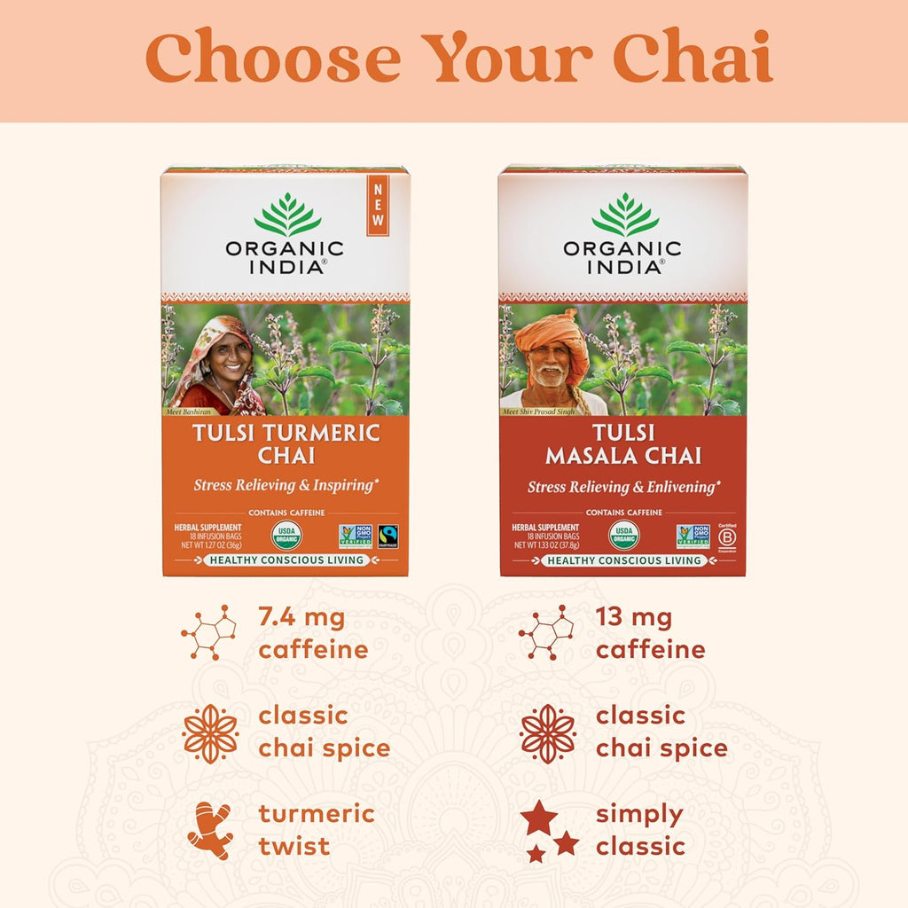 Organic India Tulsi Turmeric Chai Tea - Herbal Tea Bags with Caffeine, Ginger Root, Cinnamon, Holy Basil, Stress Relieving and Energizing, Immune Support, Helps Digestion - 18 Count, Pack of 6