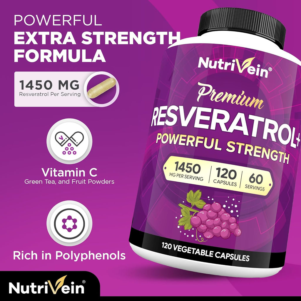 Nutrivein Premium Resveratrol 1450mg - 120 Caps: Pure Resveratrol Supplement Enhanced with Green Tea Leaf & Acai Berry - Aging, Defenses, Brain, and Joint Support