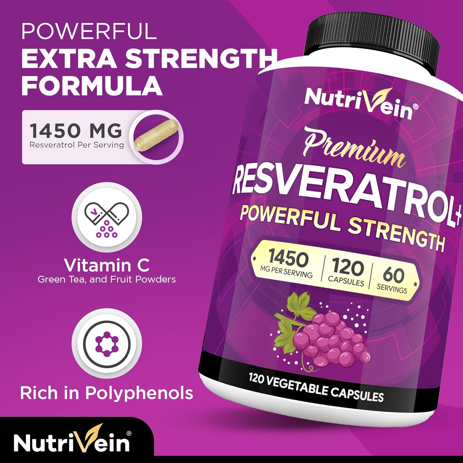 Nutrivein Premium Resveratrol 1450mg - 120 Caps: Pure Resveratrol Supplement Enhanced with Green Tea Leaf & Acai Berry - Aging, Defenses, Brain, and Joint Support