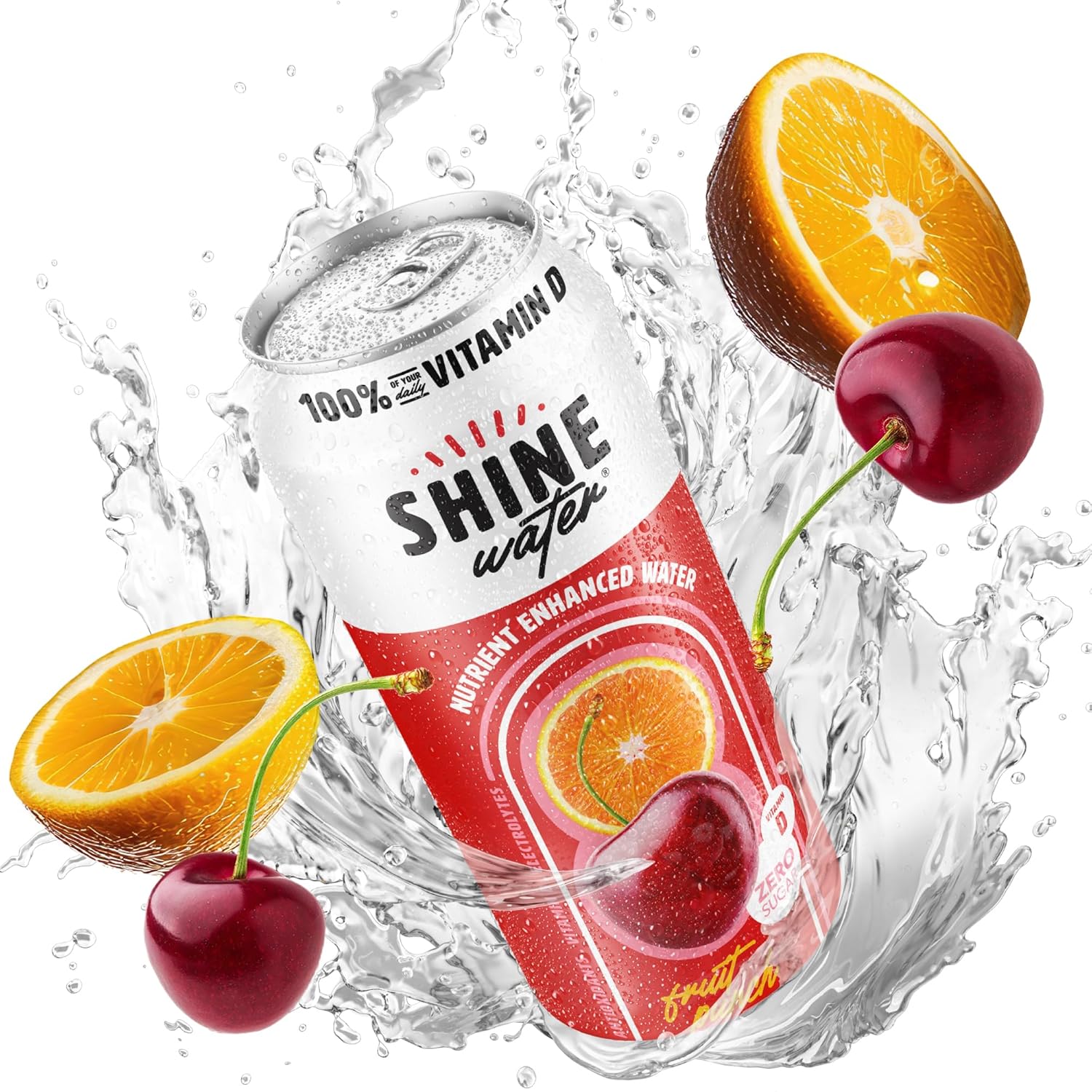 ShineWater Vitamin D Hydration Electrolyte Drink - Flavored water with electrolytes, Sugar-Free, Magnesium, Zinc, Vitamin B12, Folic Acid, Plant-Based, Low Calorie - Fruit Punch Fruit Water 12 Pack