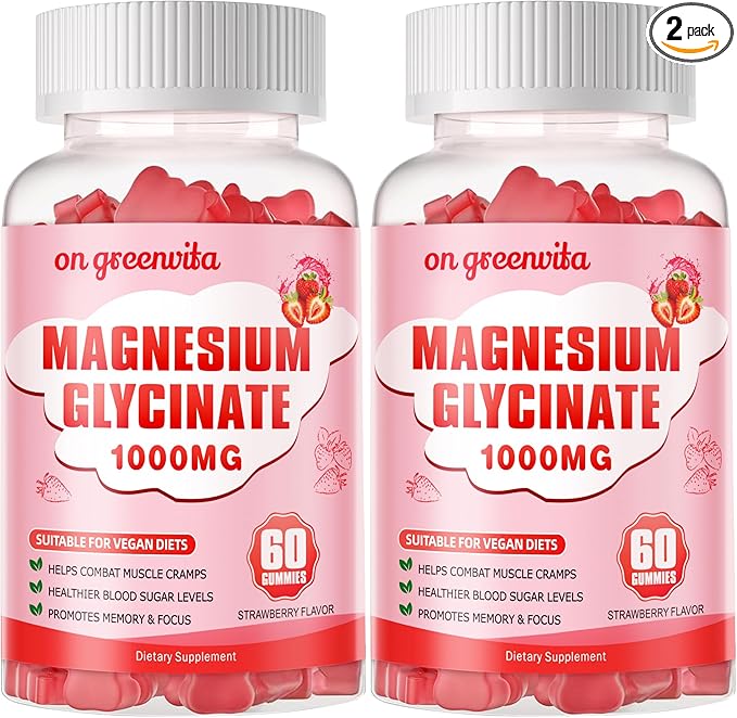 Magnesium Glycinate Gummies 1000mg - Sugar Free Magnesium Potassium Supplement with Vitamin D, B6, CoQ10 for Calm Mood & Sleep Support - 120 Strawberry Gummies 2 Pack