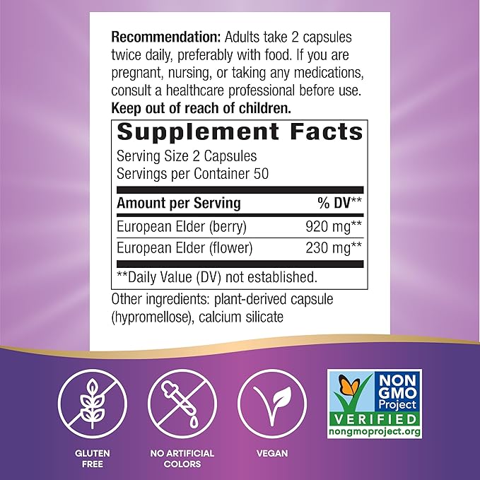 Nature's Way Black Elderberry Capsules, Traditional Immune Support* Supplement with Elderberry and Elderflower, Plant Powered, 100 Capsules (Packaging May Vary)