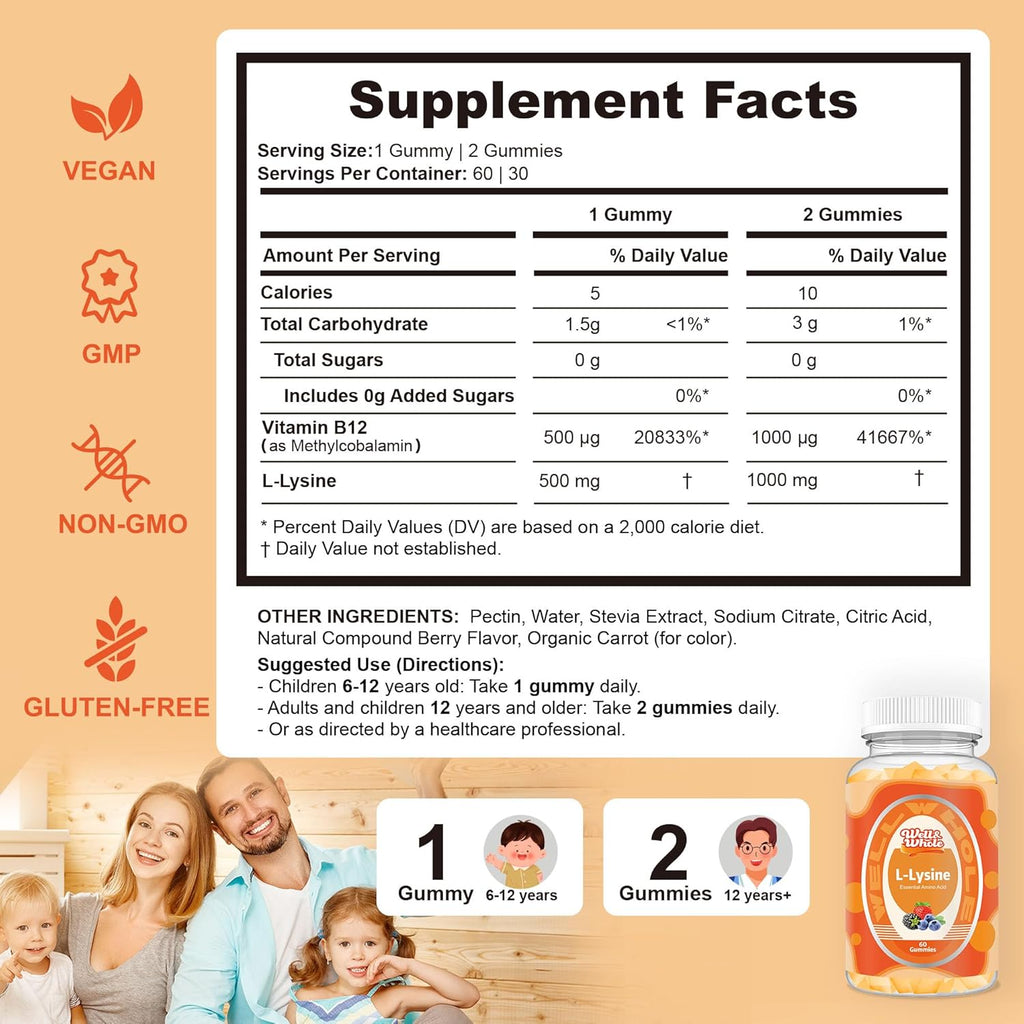 L-Lysine Gummies 1000mg - L-Lysine Supplements for Kids and Adults - Lip and Cold Sore* Support for Women - Chewable Lysine Gummies with Vitamin B12 - Vegan, Non GMO, Gluten-Free, 120 Counts