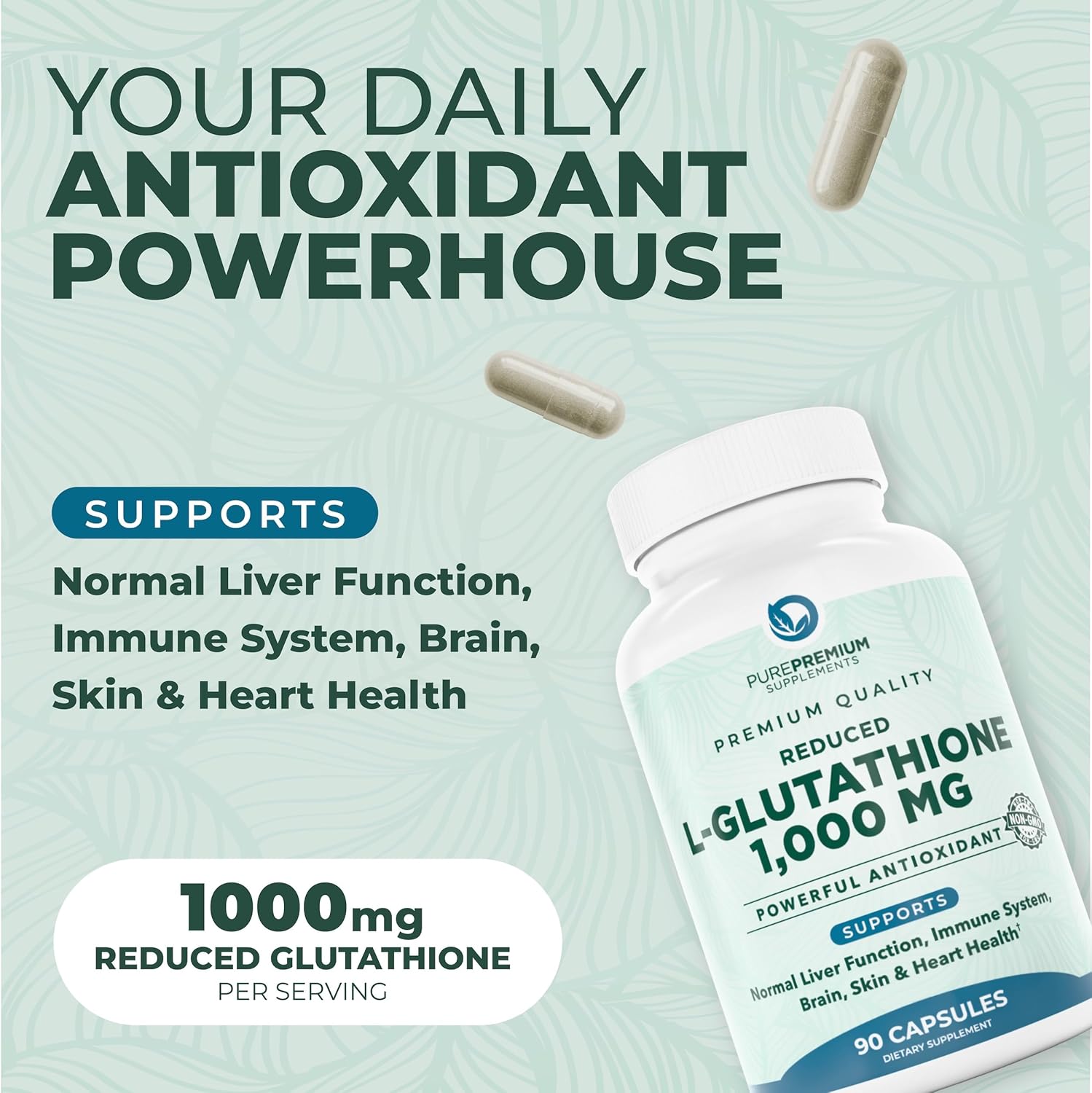 PurePremium Reduced Glutathione 1000mg Per Serving - 500mg Per Capsule – L-Glutathione Supplement & Antioxidant Support for Normal Liver, Brain, Skin & Heart Health – 90 Capsules