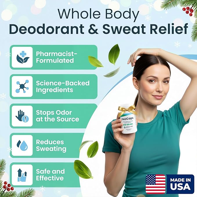 Whole Body Deodorizing Supplement - 100% Natural Internal Deodorant, Sweat Relief - Body Odor Pills Reduce Odor in Underarms, Intimate Areas & Feet - 60 Chlorophyll Capsules for Gut Health