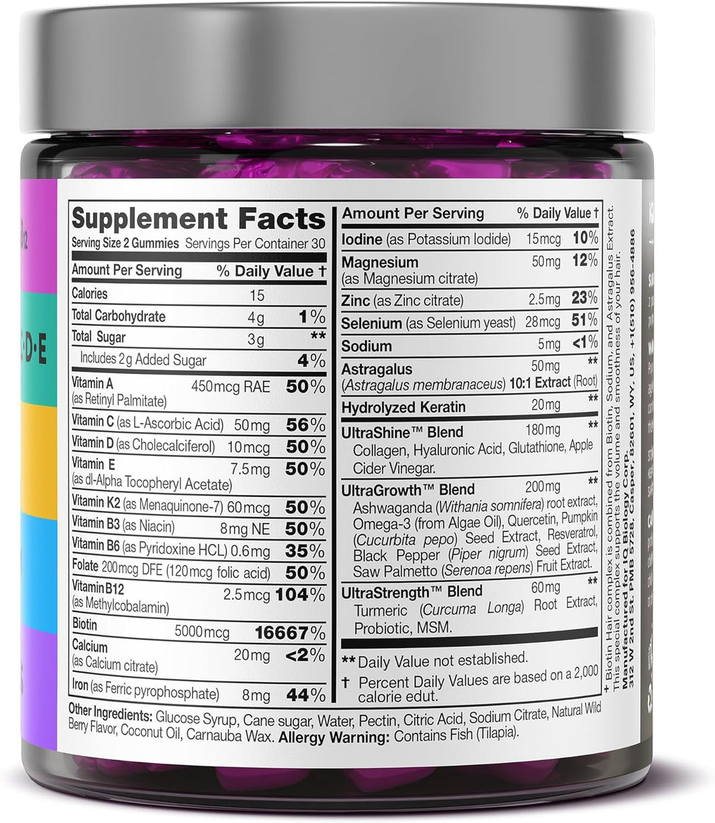 Hair Skin and Nails Gummies with Biotin Collagen Keratin Astragalus - Hair Growth Supplement & Hair Vitamins for Hair Loss for Women & Men, Hair Skin and Nails Multivitamin B7 Gummies, 60 Gummy Bears