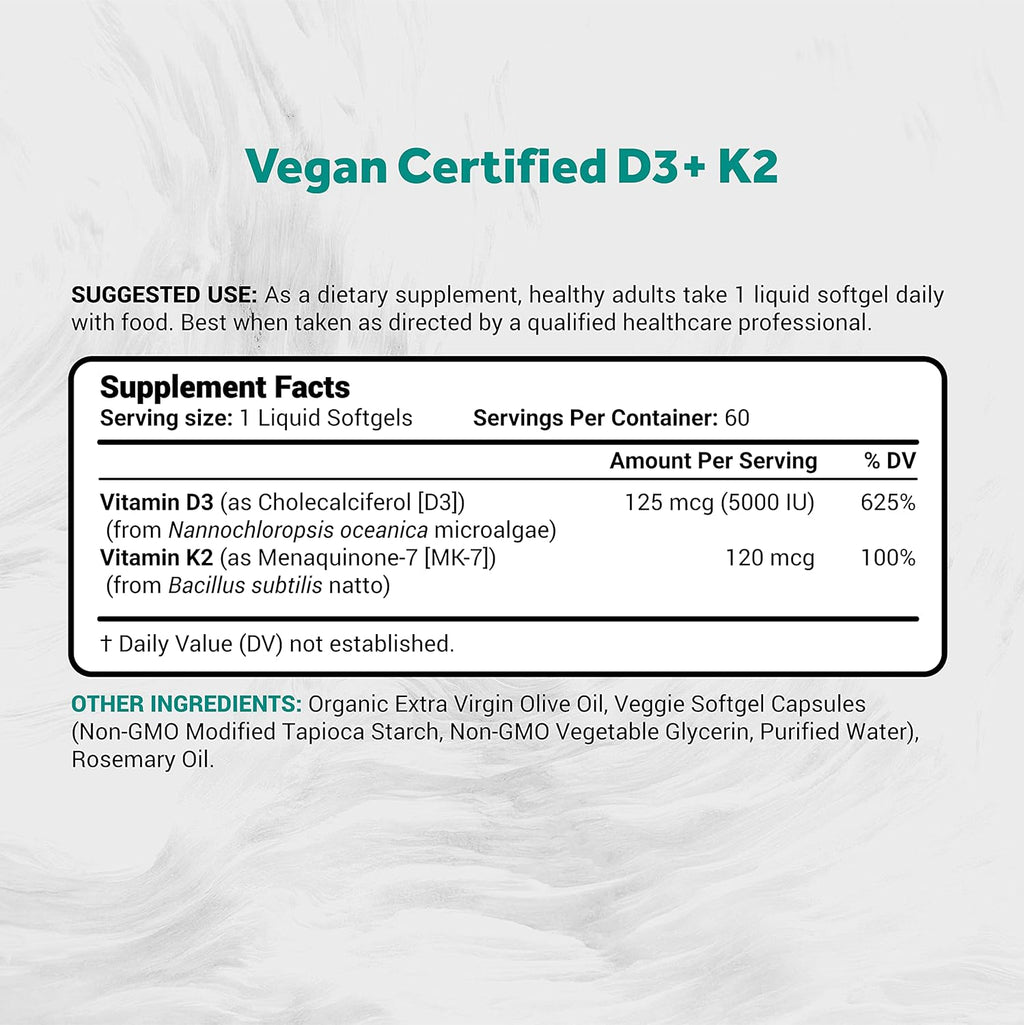Vegan Vitamin D3 + K2 from Algae | 5000iu Vitamin D with 120mcg MK7 Vitamin K | Vegan Society Certified, Sustainably Sourced, Better Than Animal Derived | 60 Veggie Softgels