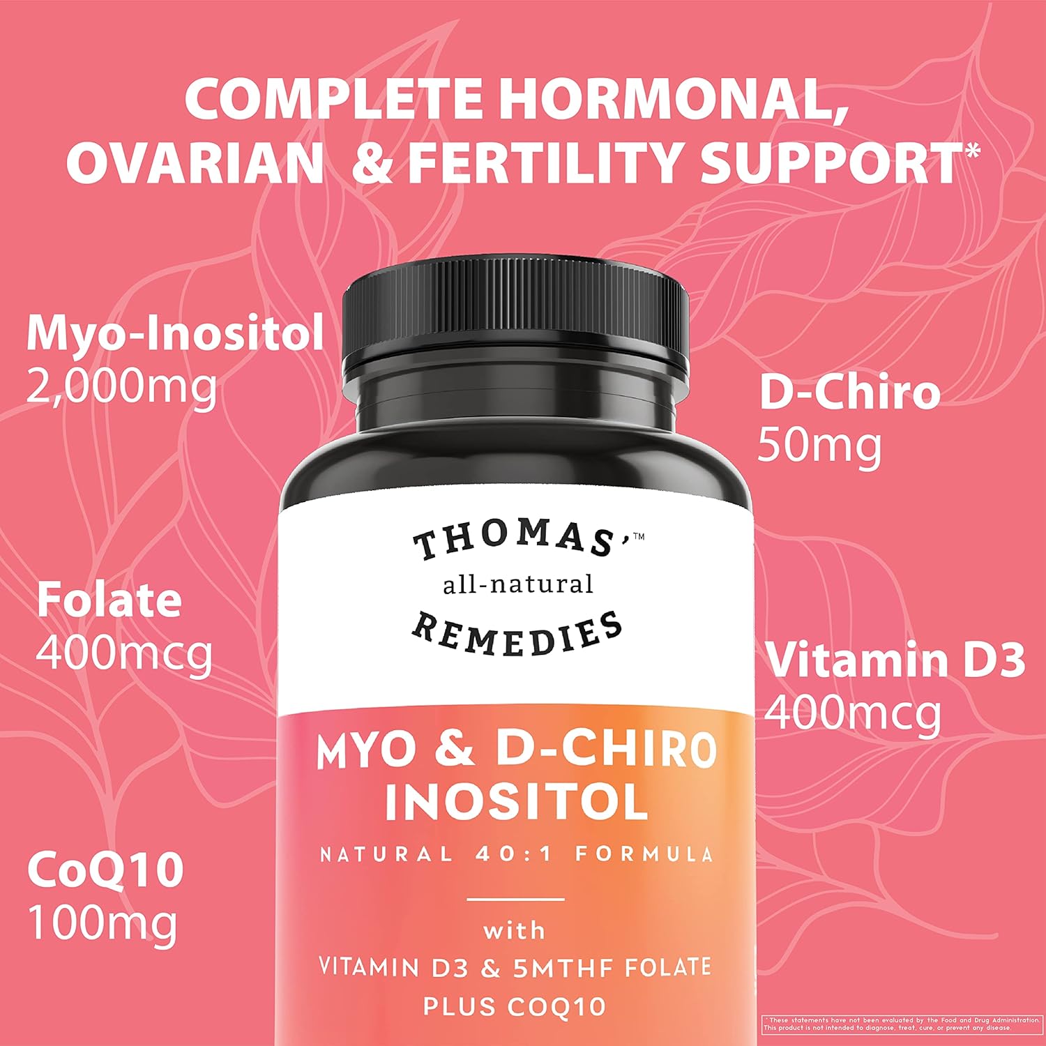 Thomas' all-natural Remedies Myo Inositol Supplement & D-Chiro Inositol Blend Supplement with Folate and Vitamin D3, 40 to 1 Ratio, Non-GMO, No Fillers, CoQ10, 90 Vegan Capsules