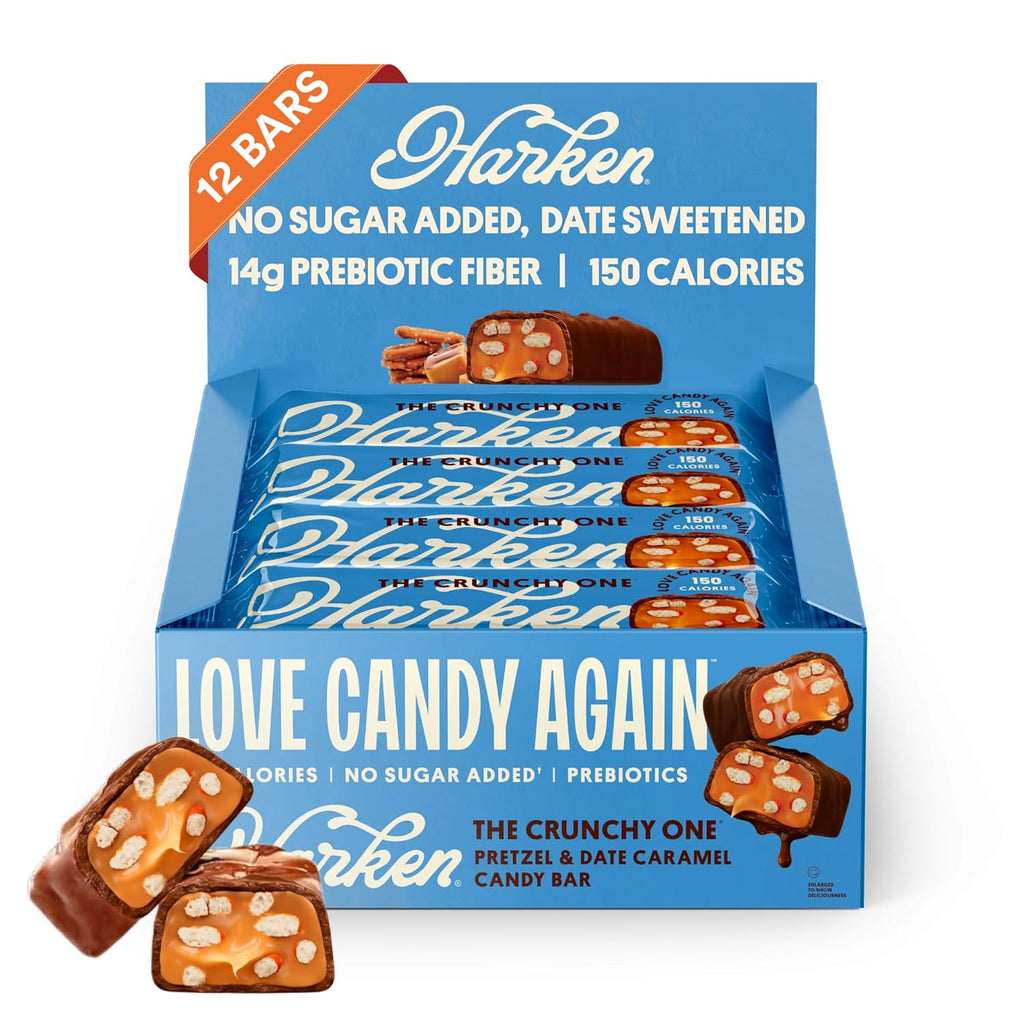 Harken Sweets The Crunchy One, Oat Milk Chocolate Candy Bars with Pretzels and Date Caramel, Sweetened with Dates and No Sugar Added, High Fiber, Nut-Free, Gluten-Free, Plant-Based, 12 Bars