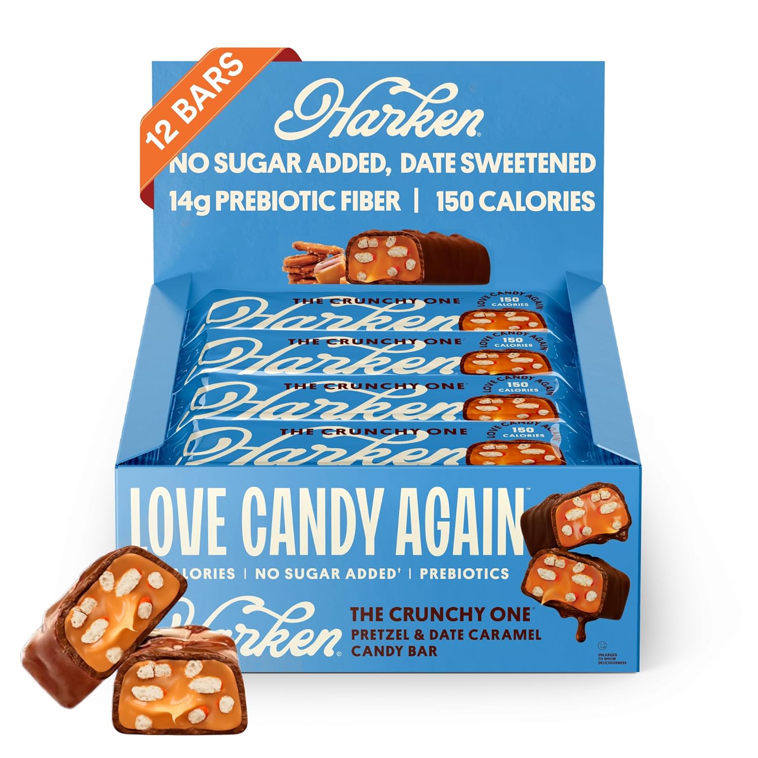 Harken Sweets The Crunchy One, Oat Milk Chocolate Candy Bars with Pretzels and Date Caramel, Sweetened with Dates and No Sugar Added, High Fiber, Nut-Free, Gluten-Free, Plant-Based, 12 Bars