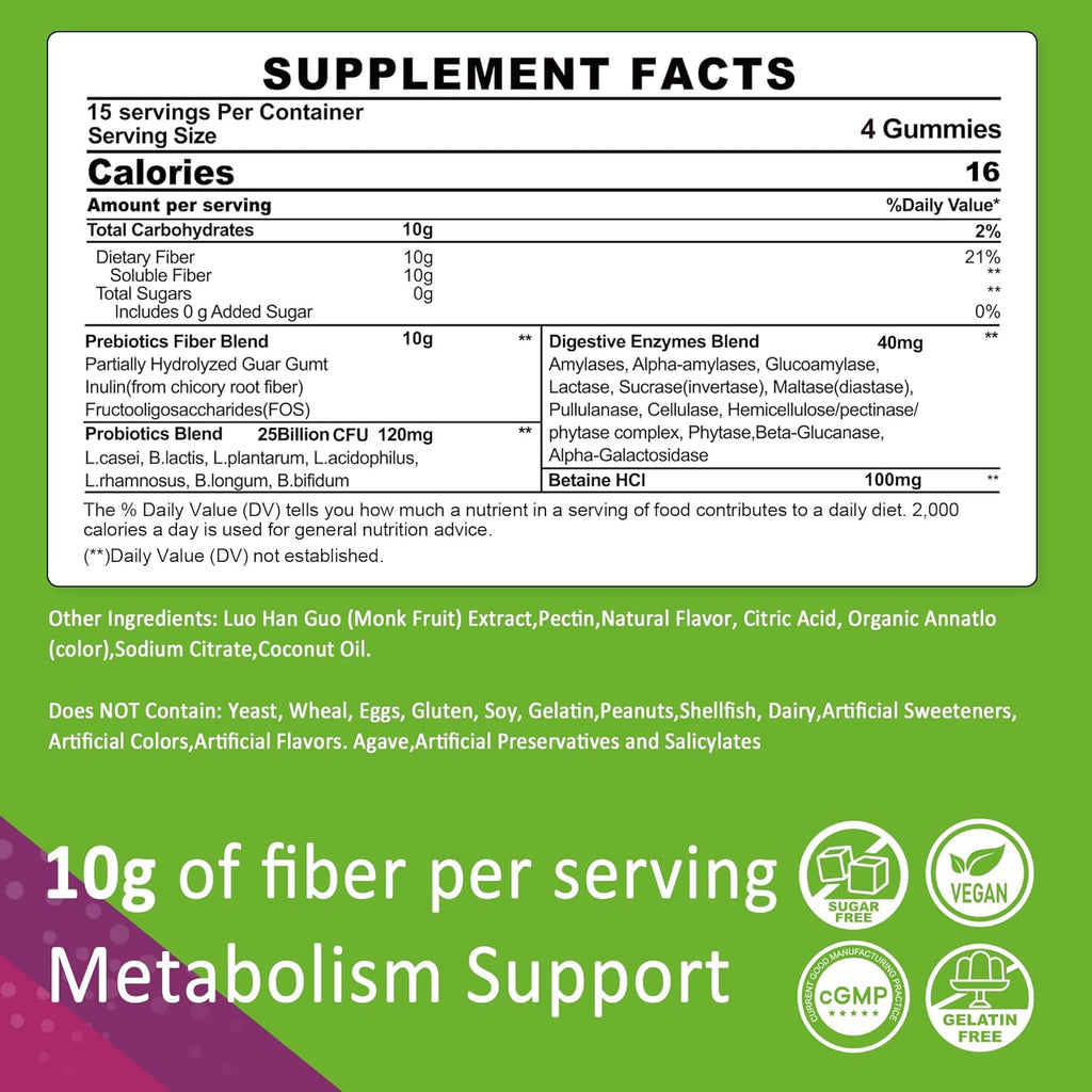 Fiber Gummies for Adults, Sugar Free 10g Prebiotic Fiber Supplement with Digestive Enzymes, Probiotics & 100mg Betaine for Digestive & Gut Health and Regulate Bowel Movement, Vegan, Gelatin Free,120ct