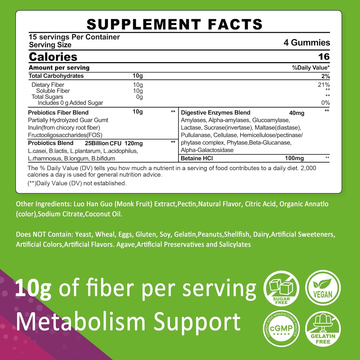 Fiber Gummies for Adults, Sugar Free 10g Prebiotic Fiber Supplement with Digestive Enzymes, Probiotics & 100mg Betaine for Digestive & Gut Health and Regulate Bowel Movement, Vegan, Gelatin Free,120ct