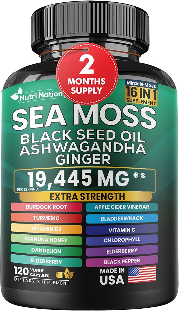 Sea Moss Black Seed Oil Ashwagandha Turmeric Bladderwrack Burdock & Vitamin C Vitamin D3 with Elderberry Manuka Dandelion Yellow Dock Iodine Chlorophyll 16 in 1 Supplement (120 Capsules) 1 Bottle