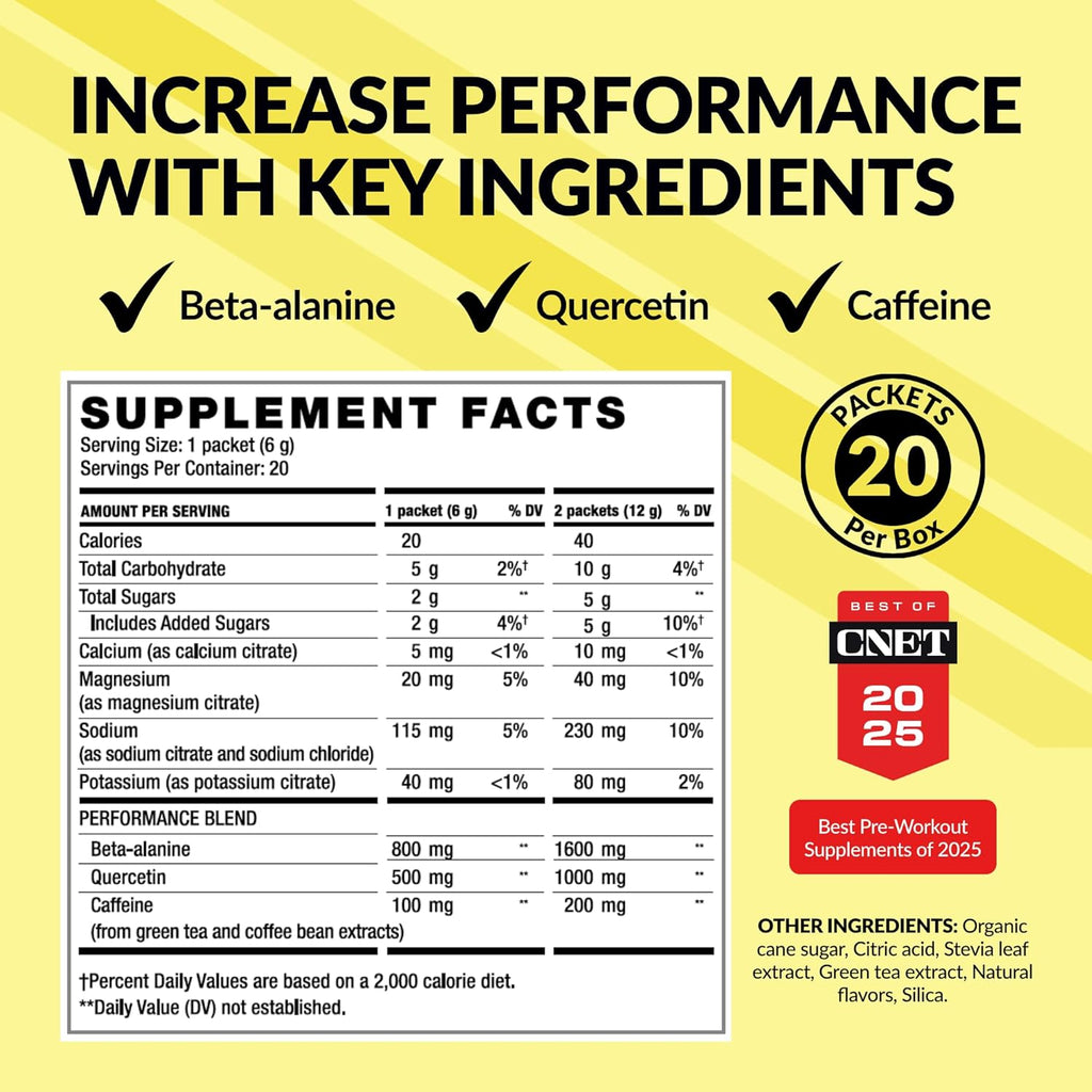 BODi Energize Pre Workout Powder - Beta-Alanine, Quercetin & Low-Dose Caffeine Formula for Enhanced Energy & Focus, Increase Energy & Endurance Supplement, Lemon Flavored, 20 Sticks