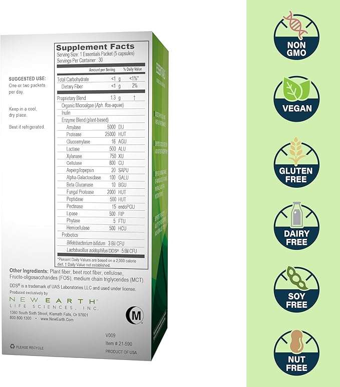 New Earth Essentials Daily Gut Health Packets | Probiotics, Digestive Enzymes & Organic Wild Microalage | 5-Capsule Daily Packs | 30-Day Supply | Vegan & Non-GMO