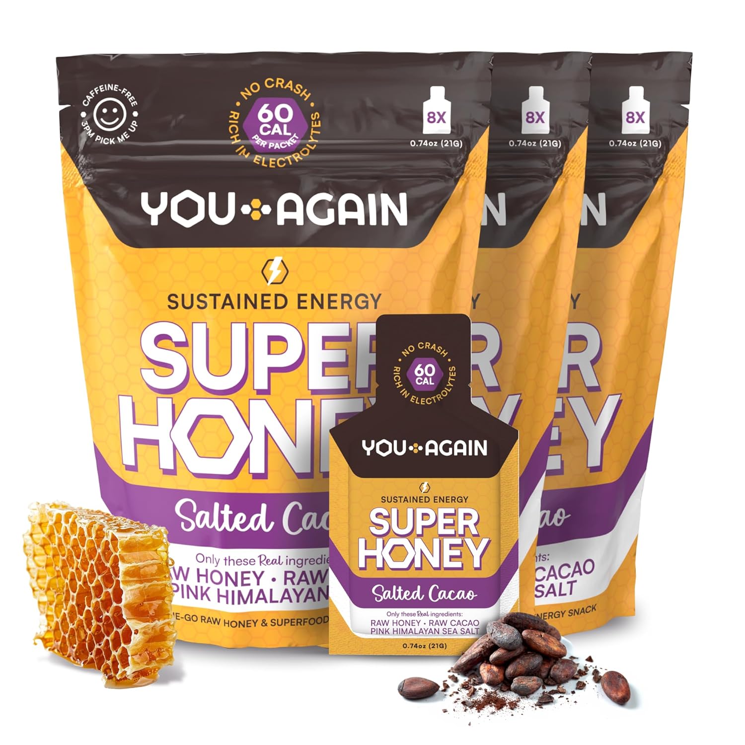 You Again Super Honey Clean Energy Gel, Himalayan Salted Cacao | Electrolyte Replenishment Running Fuel | Endurance Workouts & Cycling Gel | Paleo & Carnivore Snack | Gluten-Free | USA Made | 24-Pack