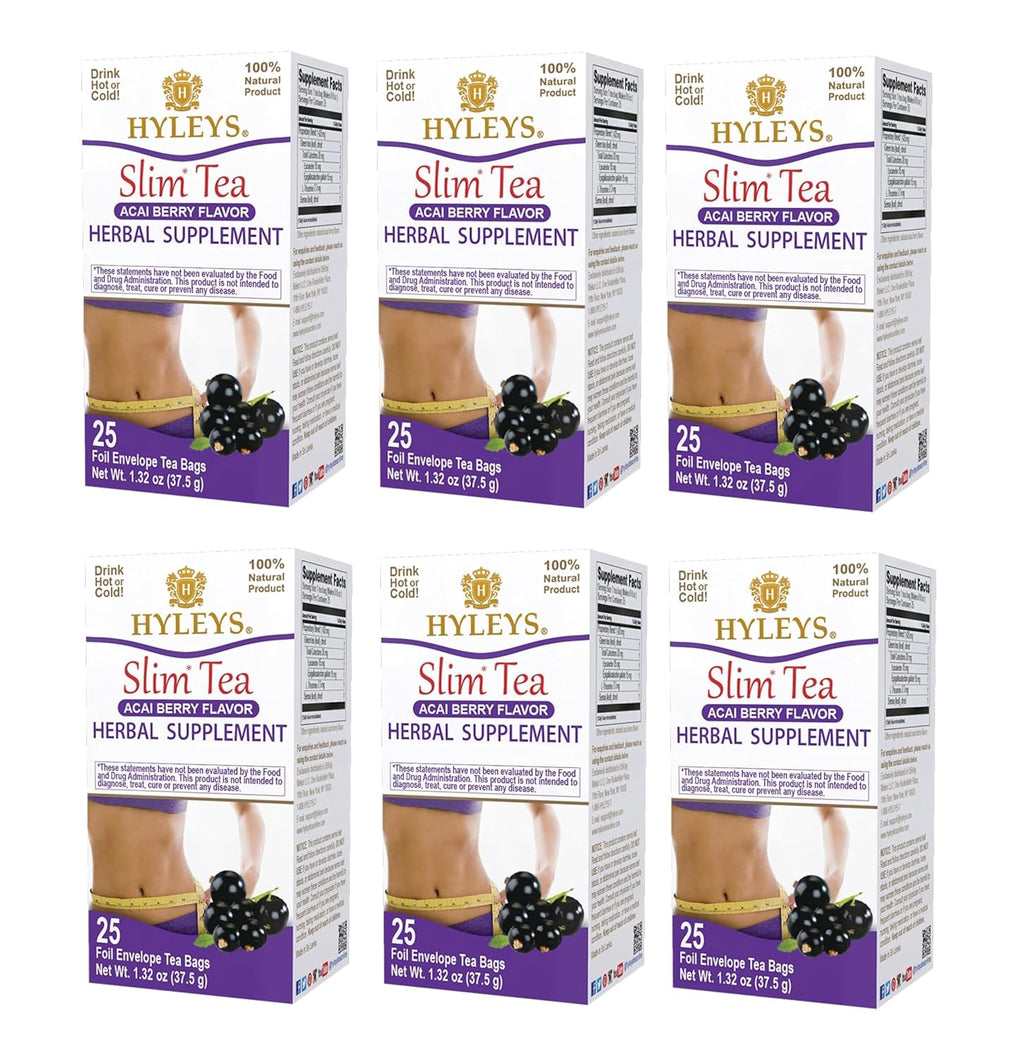 Hyleys Slim Tea Acai Berry Flavor - Weight Loss Herbal Supplement Cleanse and Detox - 25 Tea Bags (6 Pack)