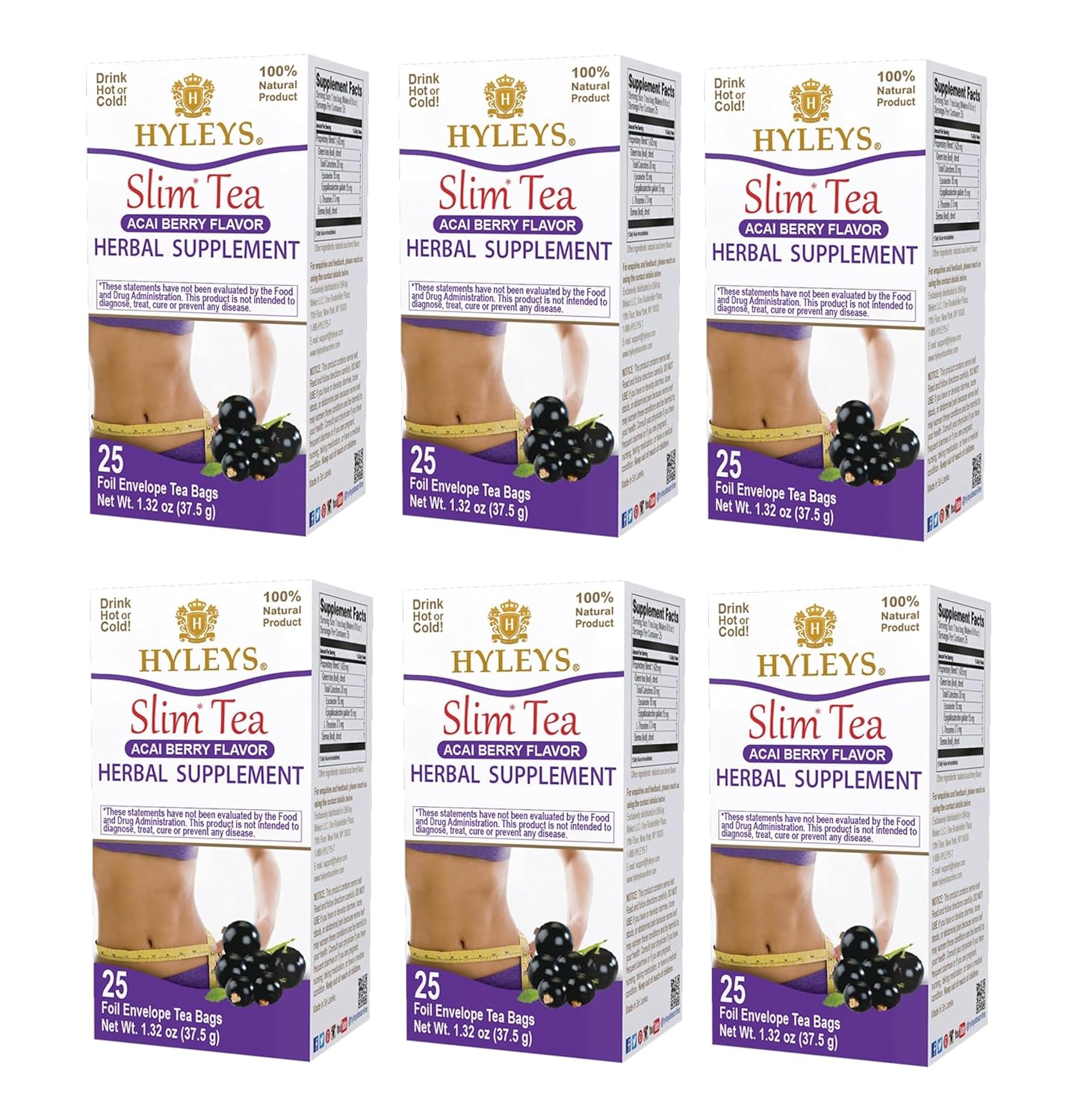 Hyleys Slim Tea Acai Berry Flavor - Weight Loss Herbal Supplement Cleanse and Detox - 25 Tea Bags (6 Pack)