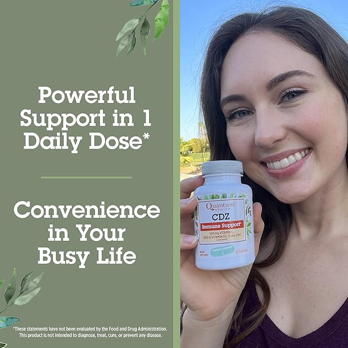 Quantum Health CDZ Immune Support Supplement Vitamin C 500 mg, Vitamin D 1000 IU Plus Zinc 15 mg Powerful Whole Body Wellness Support Complex - Daily Immunity Boost for Women & Men - 60 Capsules