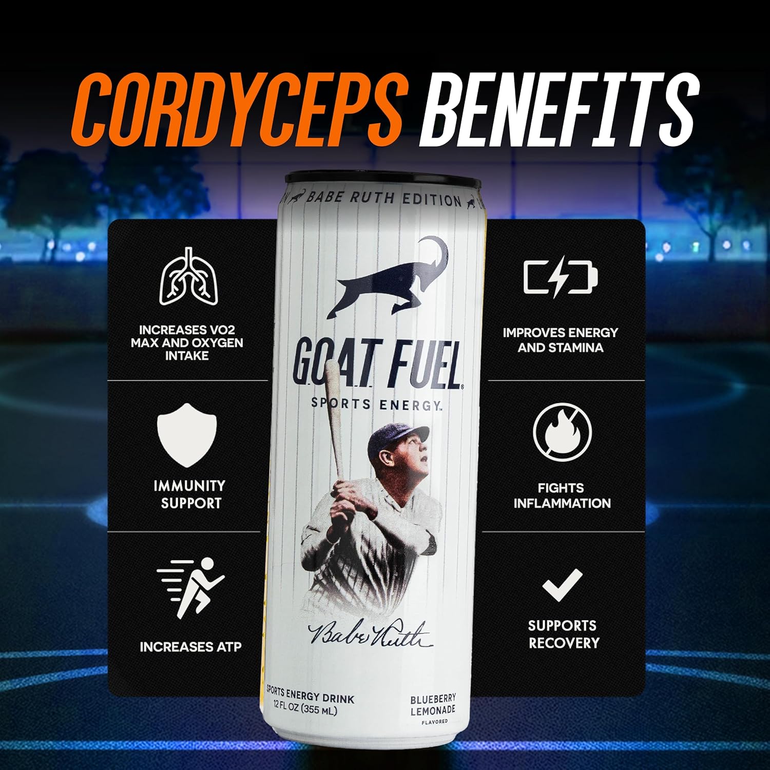 G.O.A.T. Fuel Energy Drink, Co-Founded by Jerry Rice, Natural Caffeine, Electrolytes, BCAAs, Cordyceps Mushrooms & Antioxidants, Light Carbonation Pre Workout, 12 Pack, 12 FL Oz, Blueberry Lemonade