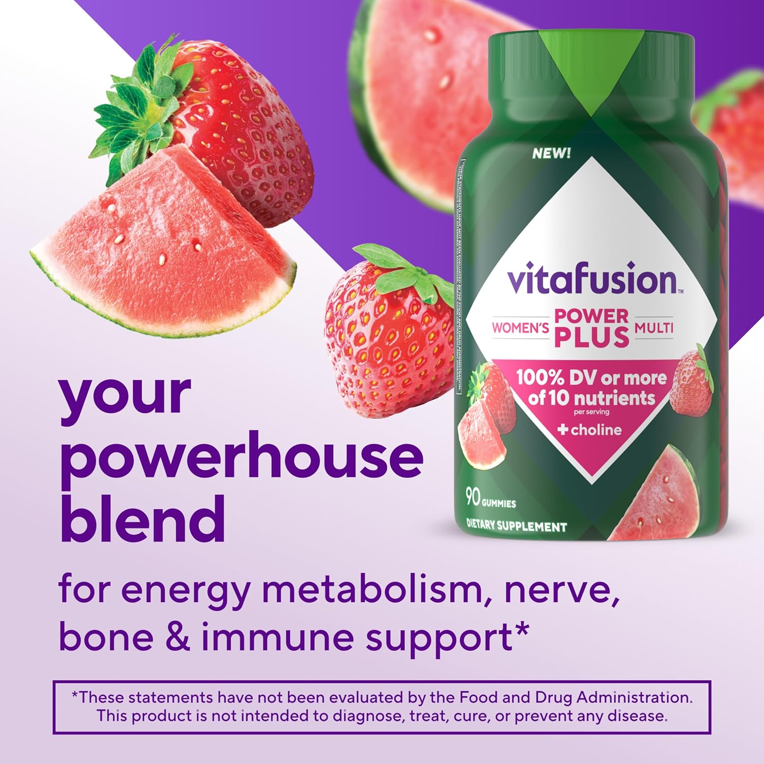 Vitafusion Power Plus Women’s Multivitamin Gummies, 100% Daily Value or More of 10 Nutrients, Helps Support Nerve, Energy Metabolism, Bone & Immune Health, Strawberry & Watermelon Flavor, 90 Count
