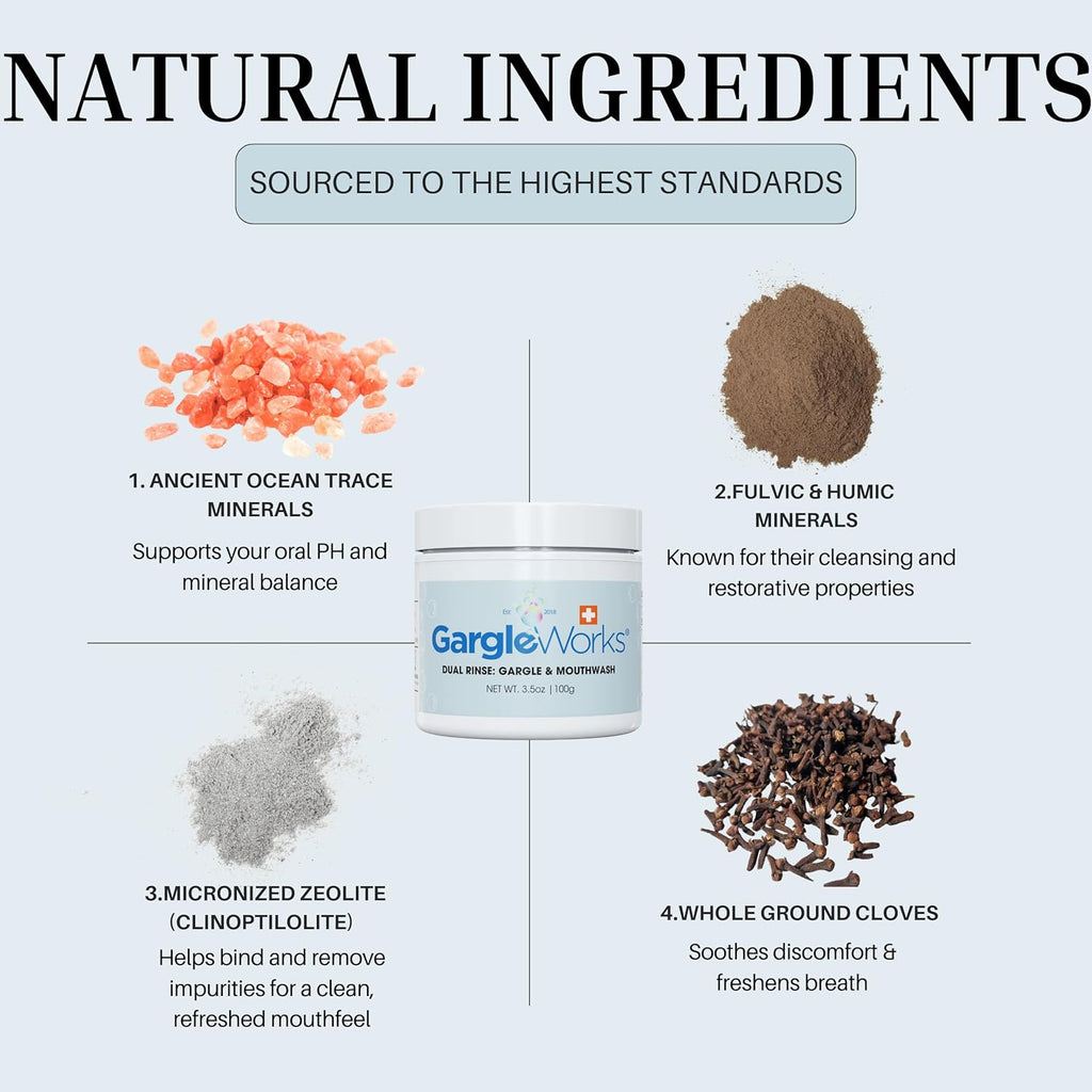 Natural Dual Mouthwash and Throat Gargle for Fresh Breath and Oral Hygiene & Immunity, with Zeolite, Humic & Fulvic Minerals, Clove, and Ocean Trace Minerals.