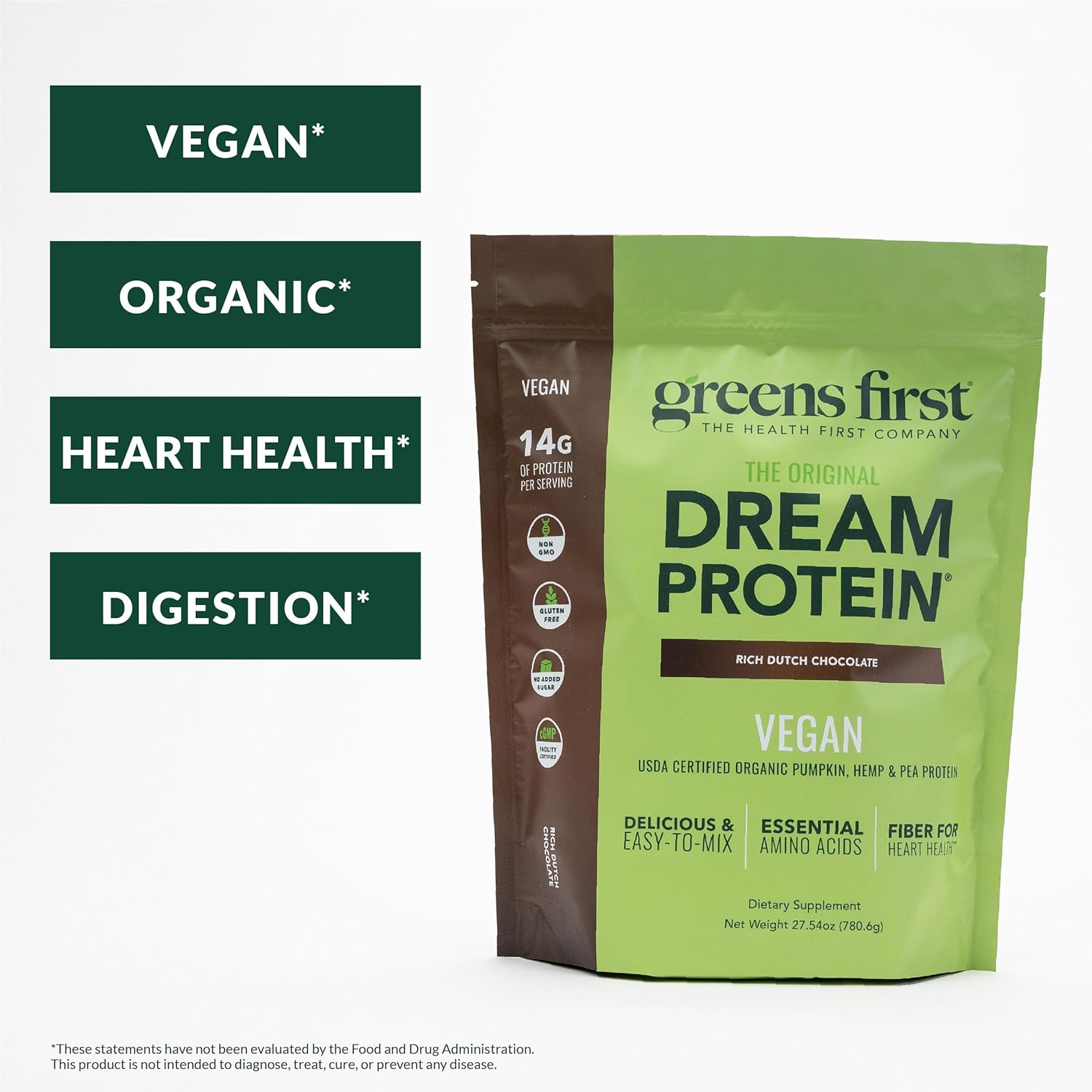 Greens First Dream Protein Plant-Based Vegan Powder - USDA Organic Pumpkin, Hemp & Pea Protein - Gluten-Free, Non-GMO, No Added Sugar (Rich Dutch Chocolate, 27.54 oz)
