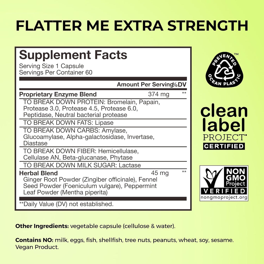 HUM Flatter Me Extra Strength Digestive Enzymes for Women, Men, Digestive Gut Bloating Supplement, Ginger, Peppermint Leaf, Fast Acting Anti Bloat Pills Multi Enzyme for Debloating, 60 Capsules