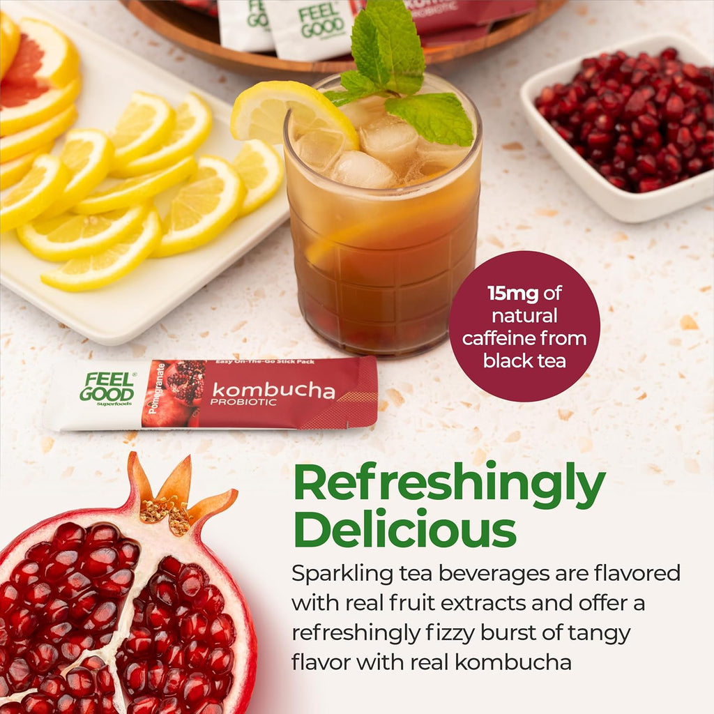 FeelGood Superfoods Kombucha Iced Tea Packets, Delicious Pomegranate Flavored Refreshing Instant Kombucha Powder Fizzy Drink, Probiotic Supplement for Gut Health, 14 pack