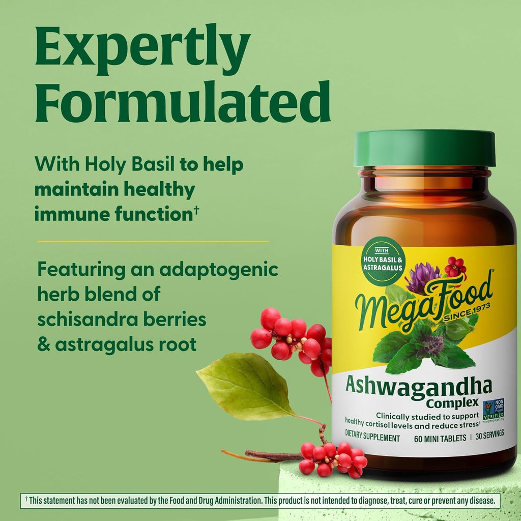 MegaFood Ashwagandha Complex (Formerly Stress Protect) - Ashwagandha Supplements Astragalus Root & Holy Basil - Vegetarian, Gluten Free, Cortisol Supplement - 60 Mini Tablets, 30 Servings