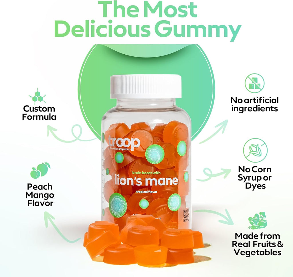 Troop Mushroom Lion's Mane Gummies, Supplement for Focus & Mood, Cognitive, Immune & Memory Support - Brain Boost, Natural Peach Mango Flavored Nootropic with Fruit Body Gummy - Vegan, 60 Count