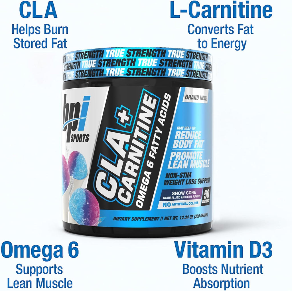 BPI Sports CLA+Carnitine – CLA L Carnitine & Linoleic Acid – L Carnitine Supplement for Weight Loss, Metabolism & Lean Muscle – Caffeine Free – Snow Cone – 50 Servings – 12.34 oz