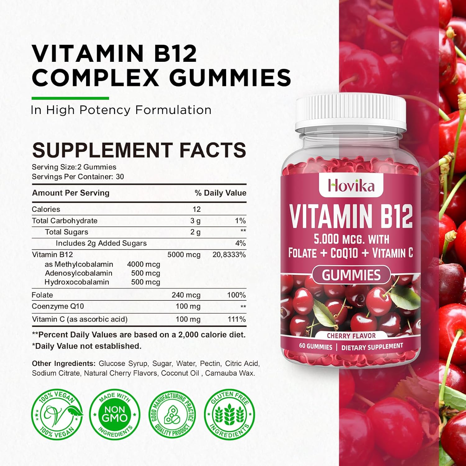 Vitamin B12 Complex 5000 mcg Methyl B12, Adenosyl B12 & Hydroxy B12, with Coenzyme Q10, Folate, Vitamin C, Chewable B 12 for Energy Support, Metabolism, Bone Health - Cherry Flavor, 2 Pack