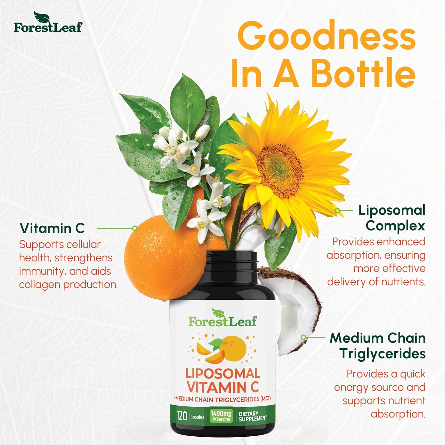 ForestLeaf Liposomal Vitamin C 1000mg Capsules | High Dose Vitamin C Liposomal Supplement w Coconut Oil Fatty Acids | Fast Absorption | Immune Support, Antioxidant, Collagen Production | 120 Vegan Cap