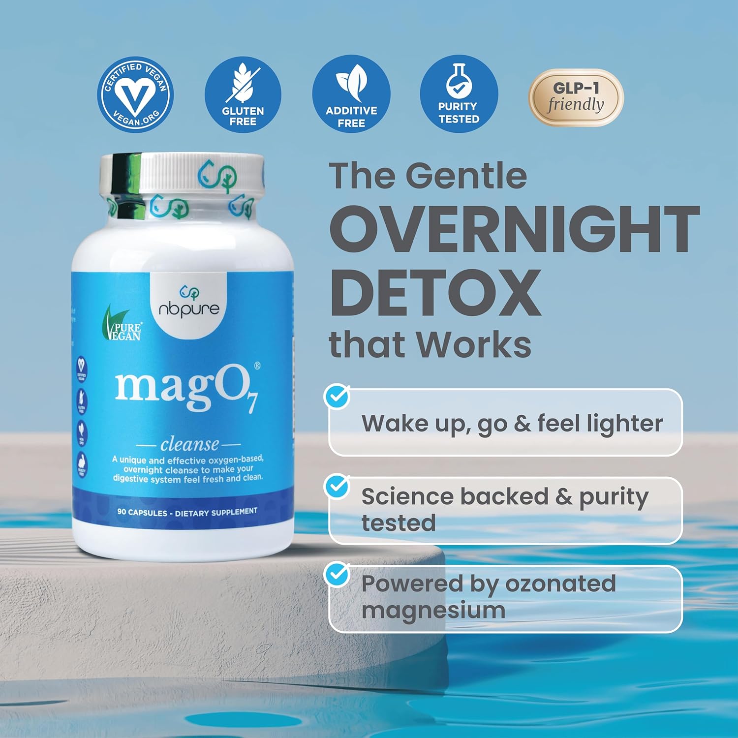 nbpure MagO7 - Natural Colon Cleanse & Detox - Occasional Constipation Relief, Stool Softening, & Bloating Support for Men & Women - Ozonated Magnesium Oxide, 180 Capsules