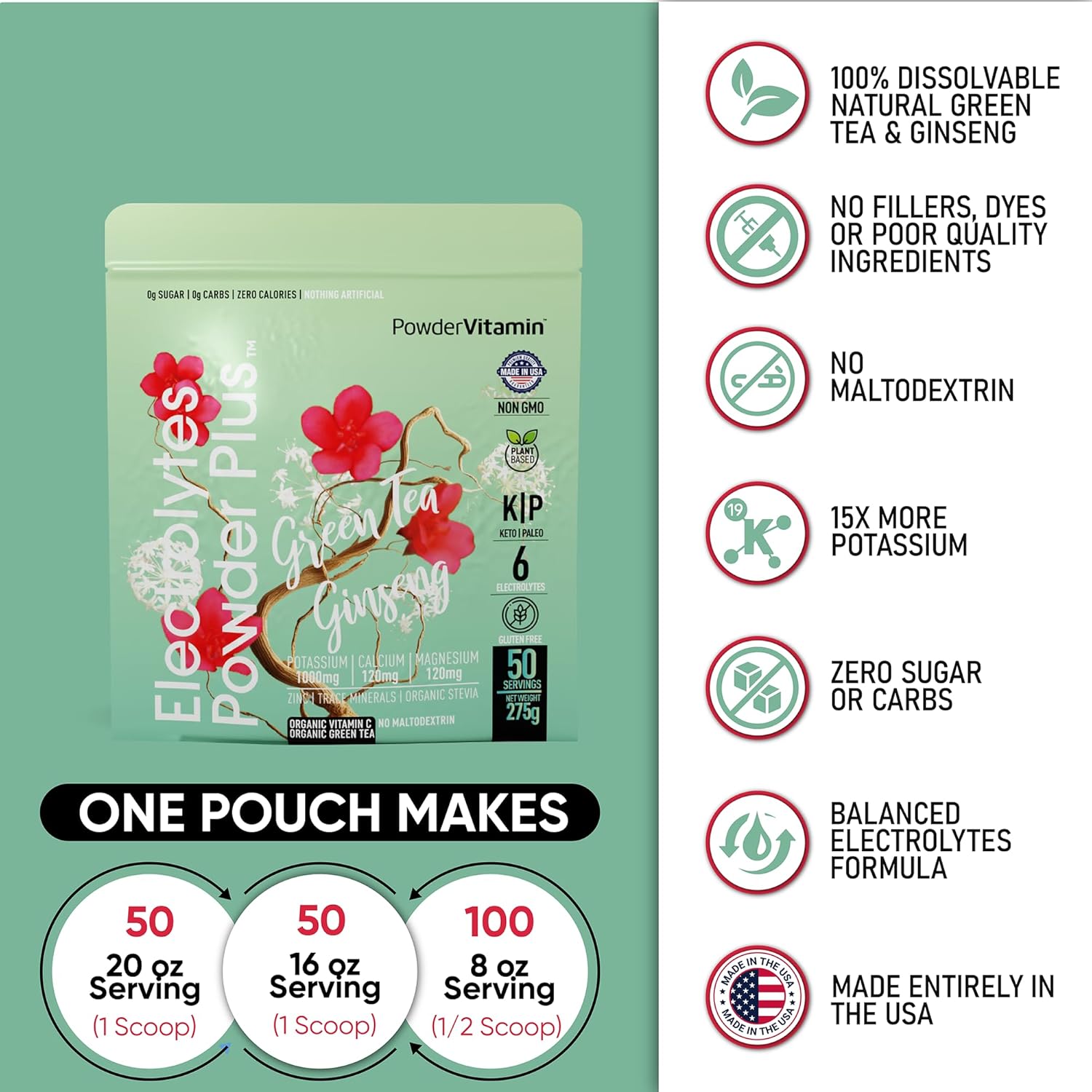 PowderVitamin Electrolytes Powder Plus (50 Servings) Green Tea Ginseng Electrolyte Powder Keto, Sugar Free, Pink Himalayan Salt,1000mg Potassium,120mg Calcium,120mg Magnesium, Hydration Powder