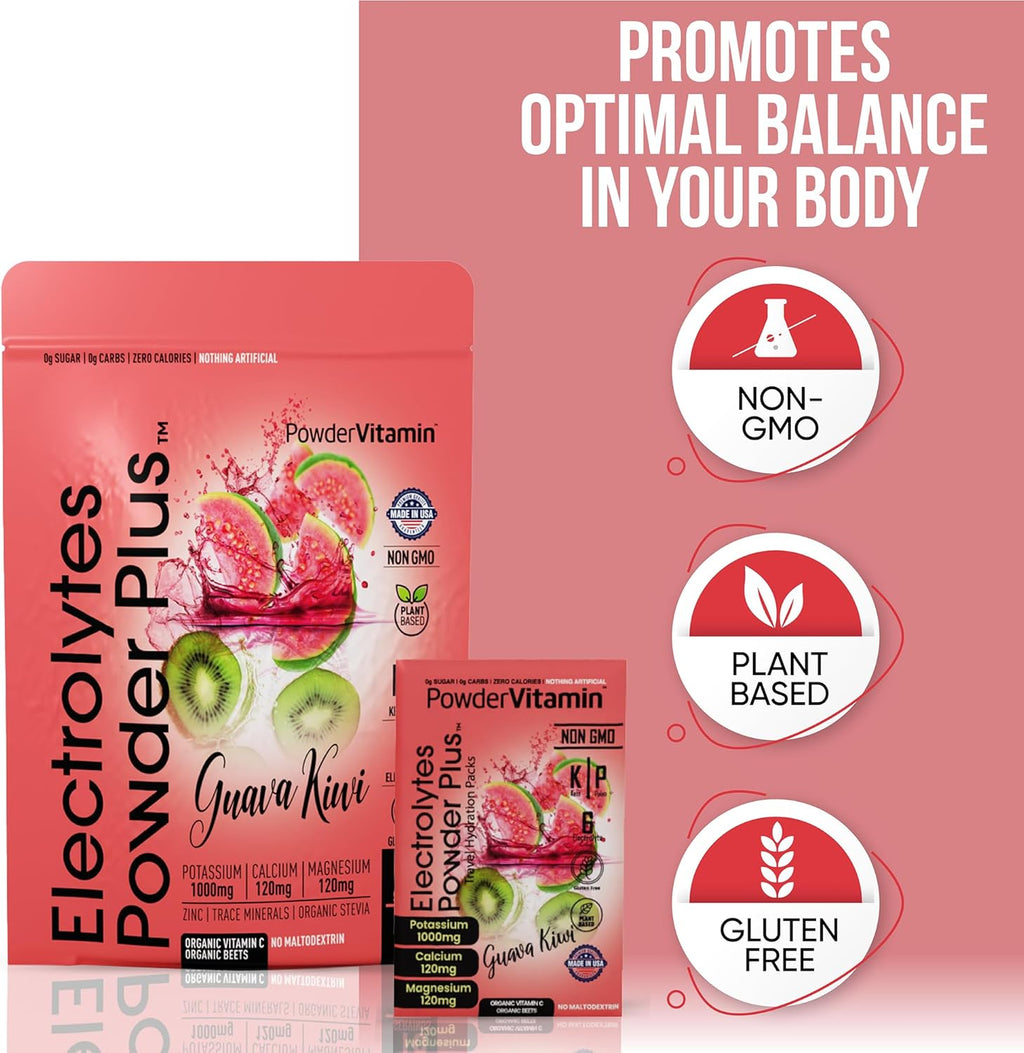 PowderVitamin Electrolytes Powder Plus, Keto, Guava Kiwi, Sugar Free, Pink Himalayan Salt, 1000mg Potassium, 120mg Calcium, 120mg Magnesium, Non-GMO, Zero Calories, (16 Hydration Packets)