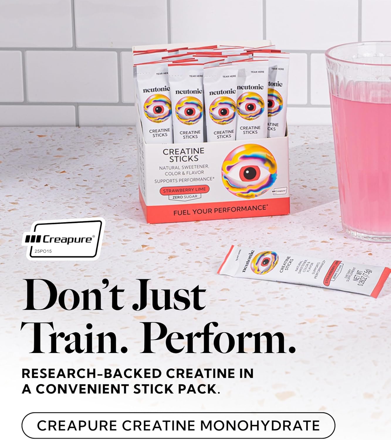 neutonic Creatine Monohydrate | Strawberry Lime Flavored | Premium Micronized Creapure Creatine Powder | Supports Strength and Power | Zero Sugar, Vegan | Convenient Single-Serve Packets | 30 Sticks