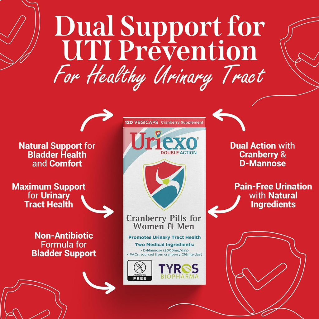 Uriexo Double Action Capsules, Cranberry Pill for Women and Men Supplement, Urinary Tract Cleanse and Protect Supports Wellness & Confidence - 30 Days Supply