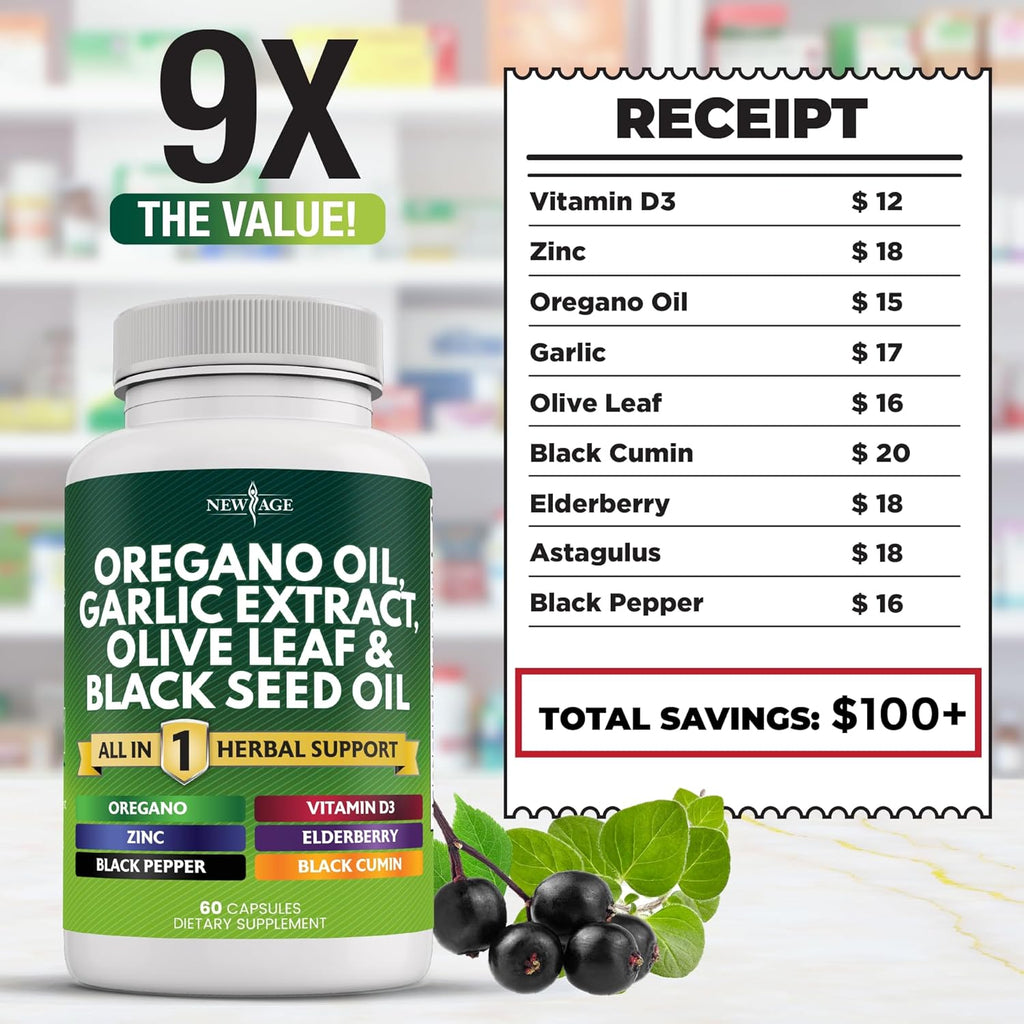 NEW AGE Oregano Oil Garlic Extract Olive Leaf with Astragalus - Supplement for Women and Men - 180 Count
