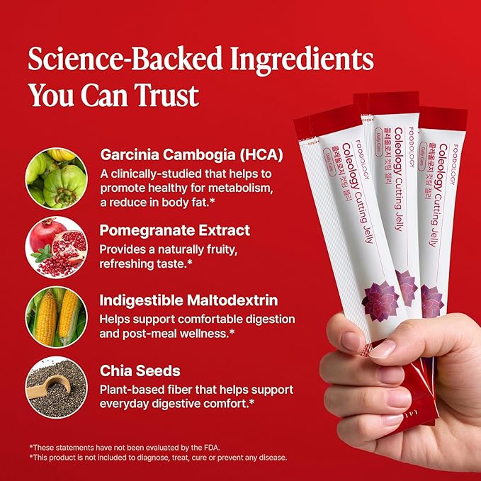 FOODOLOGY Coleology Cutting Stick Jelly, Pomegranate – Appetite Suppressant, Support Weight Management, Chia Seeds, Garcinia Cambogia HCA, Korean Dietary Supplement with Collagen - 1 Pack of 10