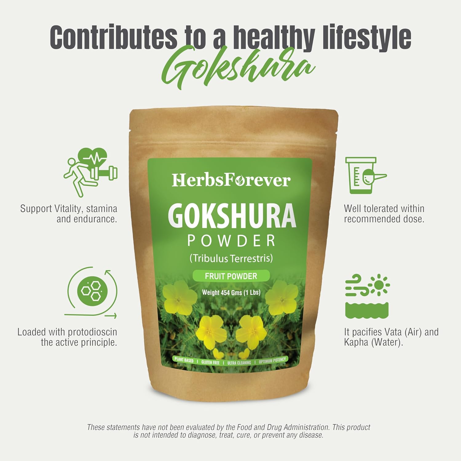 Gokshura Powder | Tribulus Terrestris | Authentic Ayurvedic Herb for Everyday Use | Non-GMO, Vegan, 100% Pure & Natural | 454 GMS Herbal Supplement
