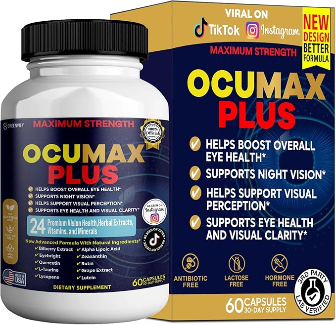 Ocumax Plus Vision Support Supplement, 60 Capsules, with 24 Premium Herbal Extracts and Vitamins, Maximum Strength Eye Health Formula (1)