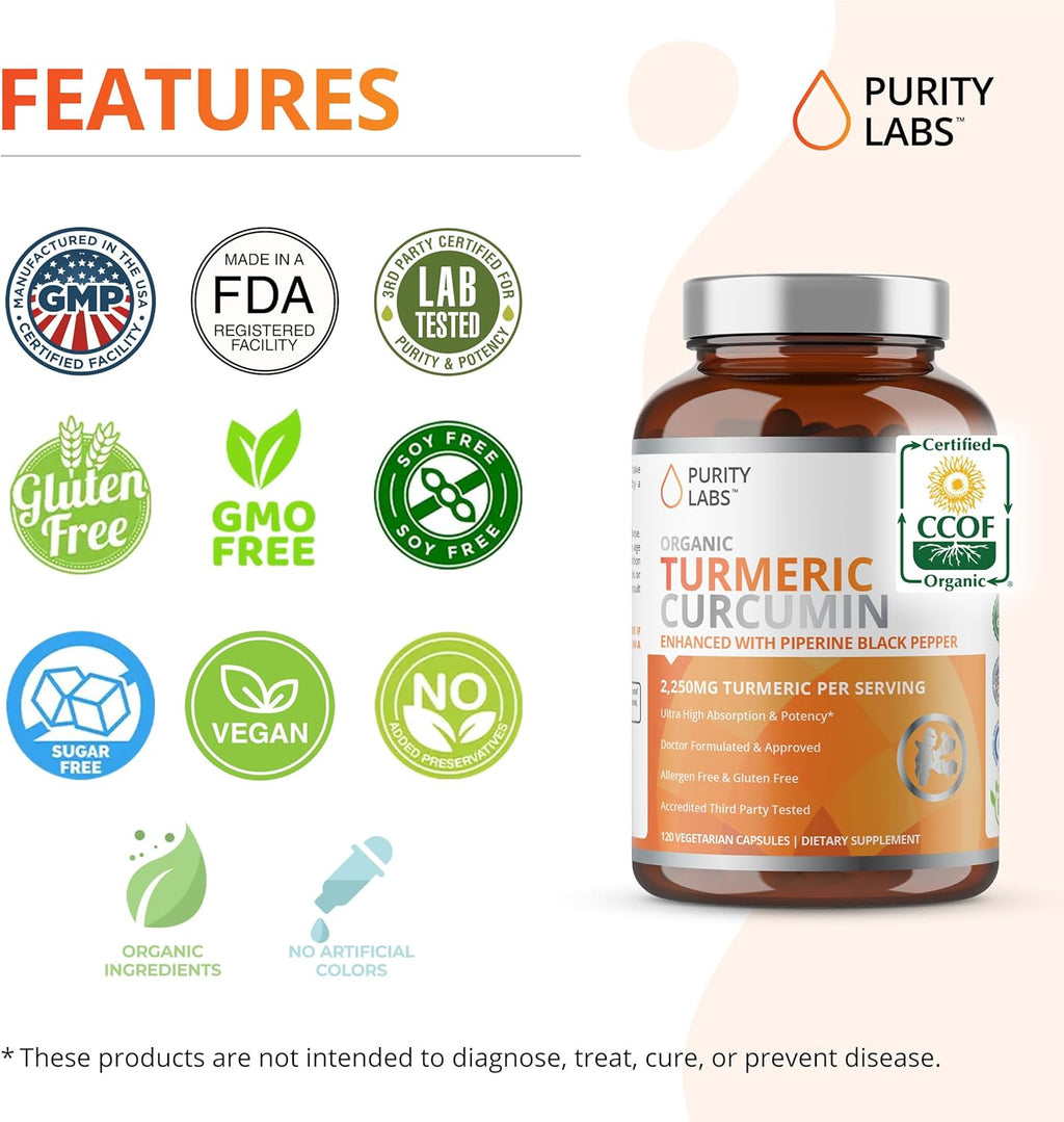 Organic Turmeric Curcumin with Black Pepper Bioperine 2,250 MG/Serving, 95% curcuminoids - Antioxidant Joint Supplement, Muscle & Brain Support - Turmeric Supplement, Non-GMO, Vegetarian, 120 Capsules