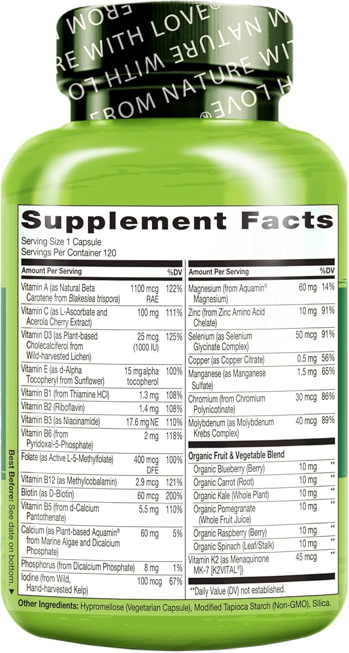 NATURELO Mens Multivitamins for Men 50+ - One Daily Multivitamin for Men with Vitamins, Minerals & Organic Whole Foods, Boost Energy & Health, Non-GMO, 120 Vegetarian Capsules