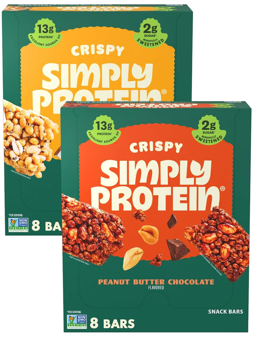 Simply Protein - Crispy Bars Variety Pack, Peanut Butter + Lemon Coconut - Plant Based Protein Bars - 13g Protein, 2g Sugar, 7g Fiber - Vegan, Gluten Free, Non GMO, Kosher - 16 Bars, 2 Boxes