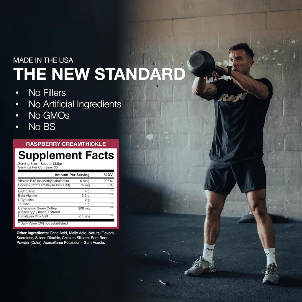 RAW Essential Pre-Workout Powder (Rathberry Creamthickle) - Chris Bumstead Sports Supplement for Men & Women - Preworkout Energy Powder with Caffeine, L-Citrulline, L-Tyrosine, & Beta Alanine Blend