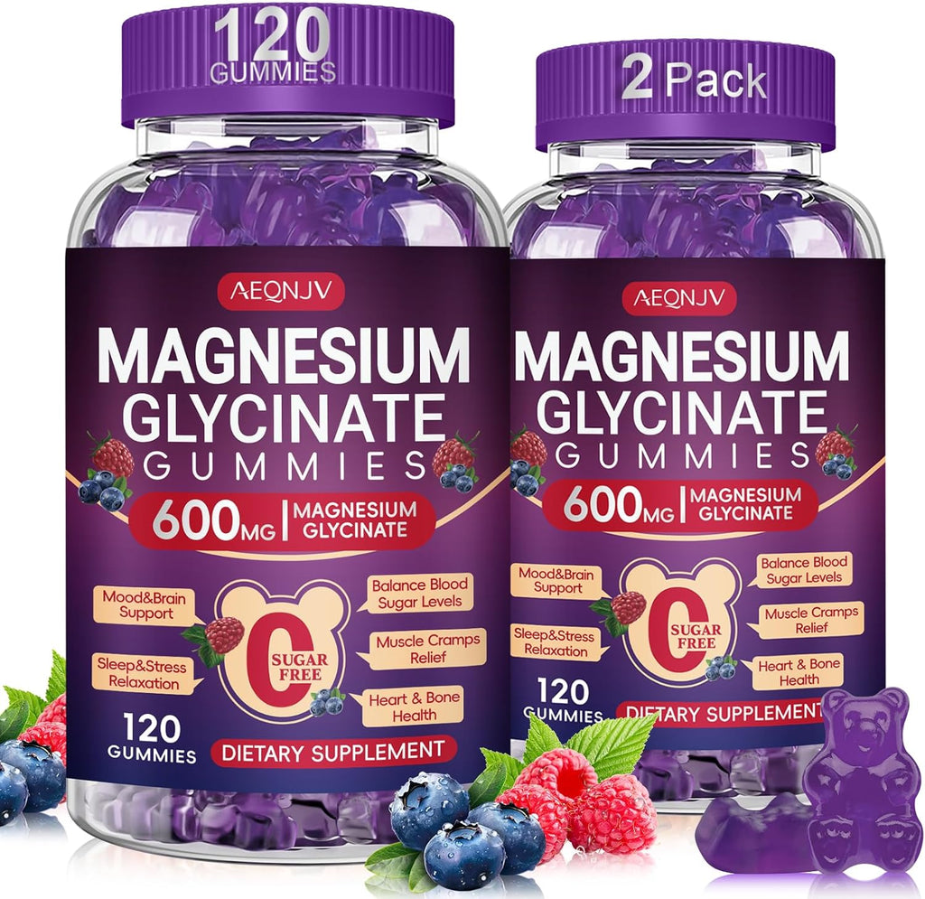 Magnesium Glycinate Gummy 600mg, Chewable Sugar Free Potassium Magnesium Gummy for Sleep, Body Support and Relaxation, Magnesium Supplements with Vitamin D, B6, and CoQ10 for Men & Women